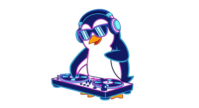Fun cartoon DJ penguin wearing sunglasses and headphones, spinning records on a turntable with vibrant neon lights