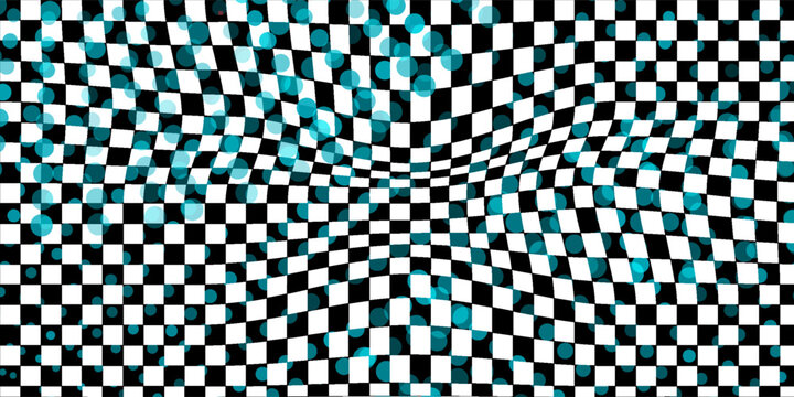 Abstract warped checkerboard pattern with dynamic distortion and blue ellipes accents. Creates a strong optical illusion effect, perfect for modern backgrounds, posters, and creative digital designs.