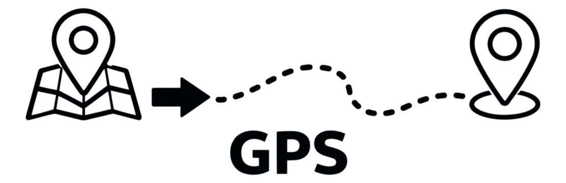 Line art illustration of GPS navigation route depicting pathfinding from a map to a destination for geographic location and travel