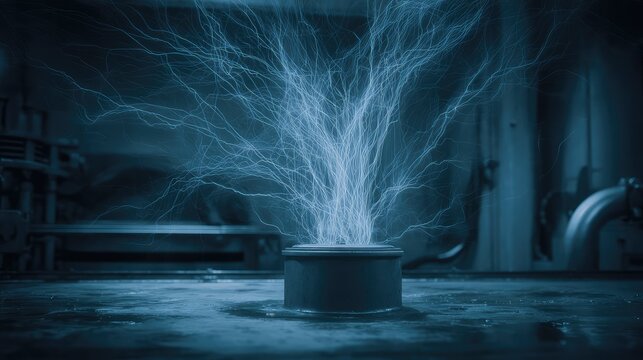 Electrical discharge creating a brilliant blue plasma arc