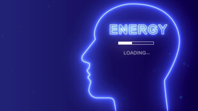 Energy loading concept with neon human head silhouette, Power mindset and dynamic brain activity background.