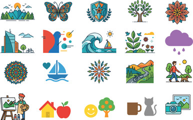 Fototapeta premium icons, nature, lifestyle, abstract, creative, flat, vector, illustration, colorful, modern, design, eco, travel, outdoor, elements, collection, set, graphic, minimal, trendy