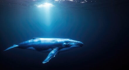 Fototapeta premium A majestic blue whale swims gracefully through the vast and deep blue ocean waters, sunlight filtering down from the surface far above, skin, calm, aquatic