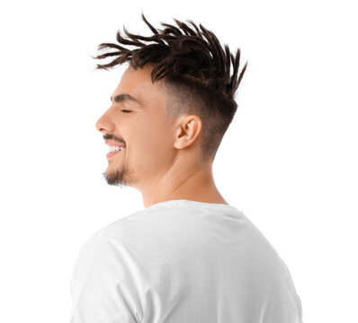 Young man with dreadlocks on white background, back view