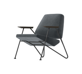 Fototapeta premium Mid-Century Modern Lounge Chair with Black Metal Frame and Gray Upholstery, Three Quarter View on White Background