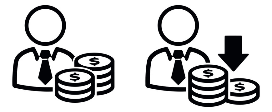 Line art financial icons set featuring a businessman with money and a decrease in funds for financial management