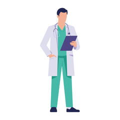 Fototapeta premium Doctor wearing a white laboratory coat and green scrubs holds a medical chart while standing in a neutral position to represent healthcare professionals providing patient care and diagnostics.