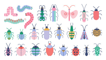 Obraz premium Cute insect bug flat vector illustration. Butterfly, caterpillar, ant character set. Minimal nursery kids doodle sticker and print. Colorful forest creature isolated top view for summer design.