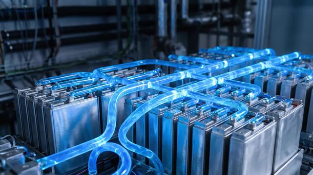 Efficient battery energy power technology industrial thermal management cooling system with blue liquid tube network for advanced industrial battery