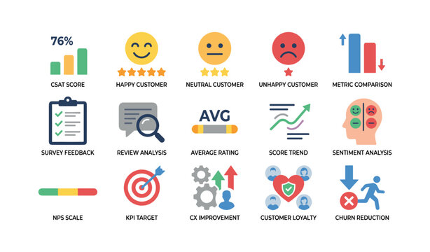 Customer feedback and satisfaction icons shown on white background