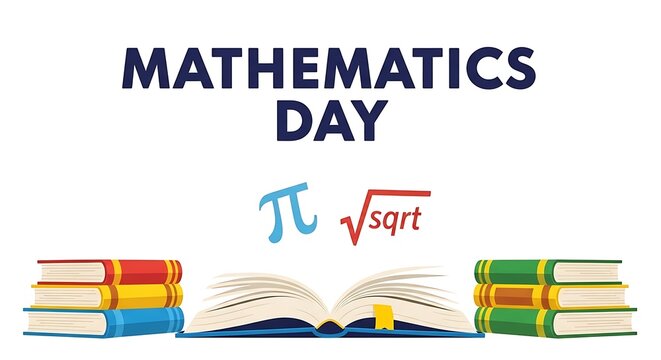 Mathematics Day celebration with books and pi symbol on blue background