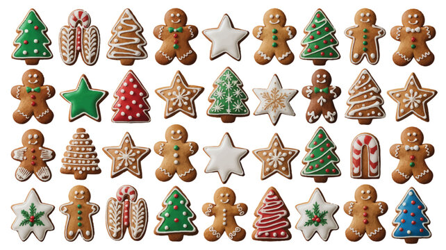 Assorted Christmas cookies with festive decorations and designs on white background