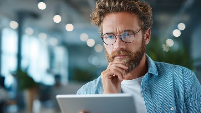 Focused Mind: A thoughtful man with glasses and a beard intently studies a tablet, his brow furrowed in concentration, conveying deep thought and engagement in a modern office setting.
