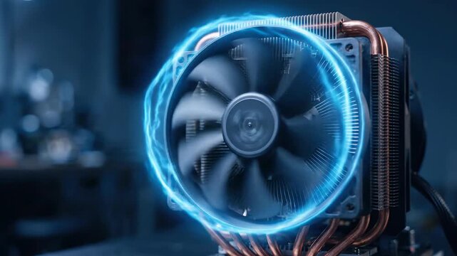 High speed computer fan cooling thermal management technology hardware blue glow desktop performance cpu cooler fan blue light ring spinning blade