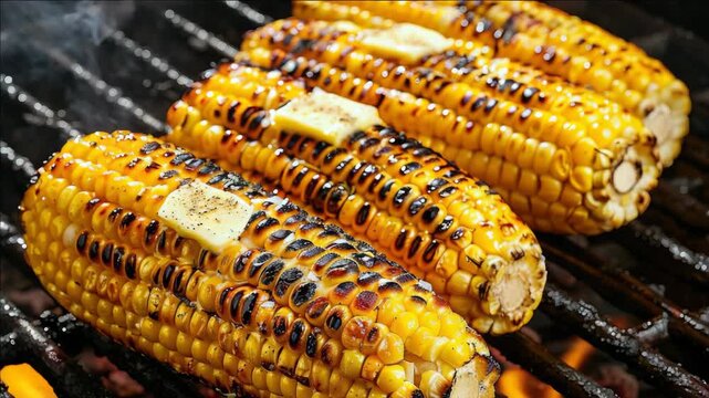 of grilled corn on the cob with melted cheese and charred spots, placed on a BBQ grill grated surface.