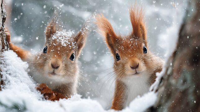 Two adorable brown squirrels playfully peeking out from behind snowy tree trunks on a cold winter day.