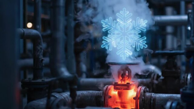 Industrial valve steam cooling thermal management with neon snowflake cold technology contrasts hot steam efficient industrial cooling valve pipe