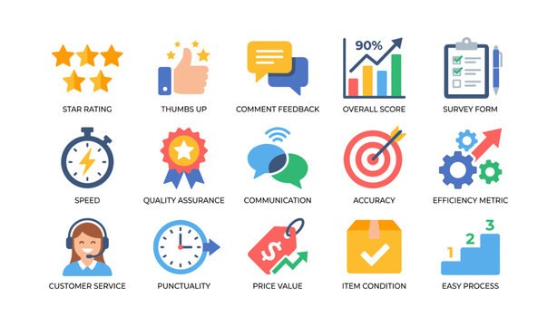 Customer feedback and performance icons on white background