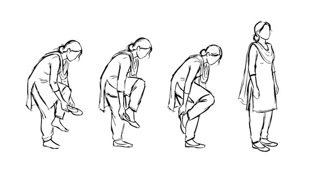 Indian Woman Character Sequence Adjusting Traditional Anklet Footwear Wearing Ethnic Salwar Kameez in Doodle Line Art