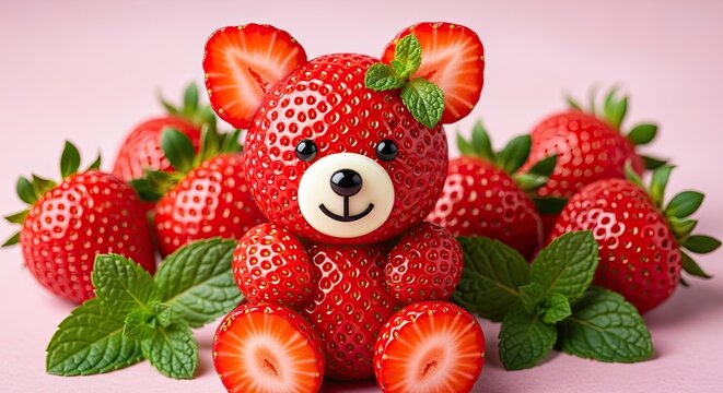 Teddy bear shaped from fresh strawberries on pink background