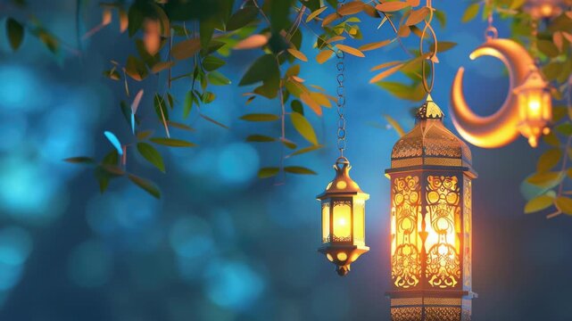 Decorative lanterns hanging from a branch with blue lights