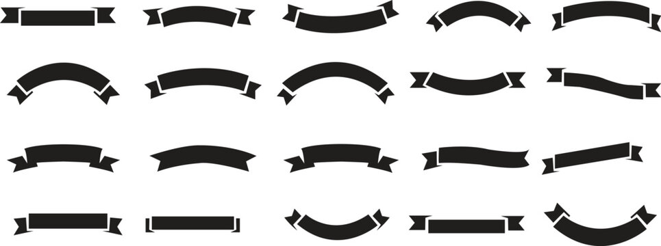Ribbon banner icon set collection group with curved badge labels in flat and line style, colorful and black ribbons bundle, vintage scroll, tag, emblem, decorative vector illustration pack