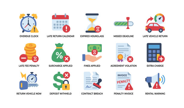 Penalty and overdue fee icons arranged in a grid layout