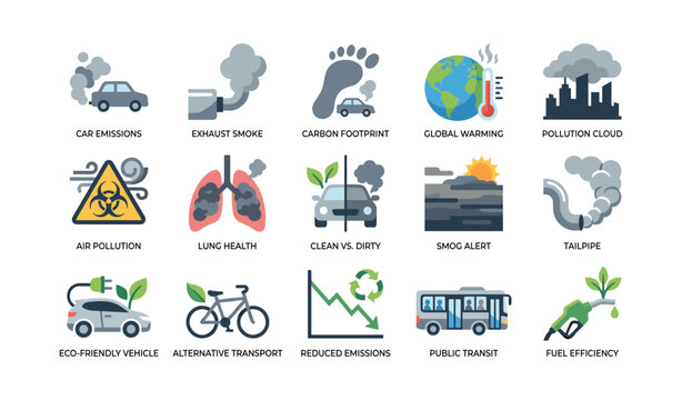 Air pollution and sustainable transport icons arranged in grid