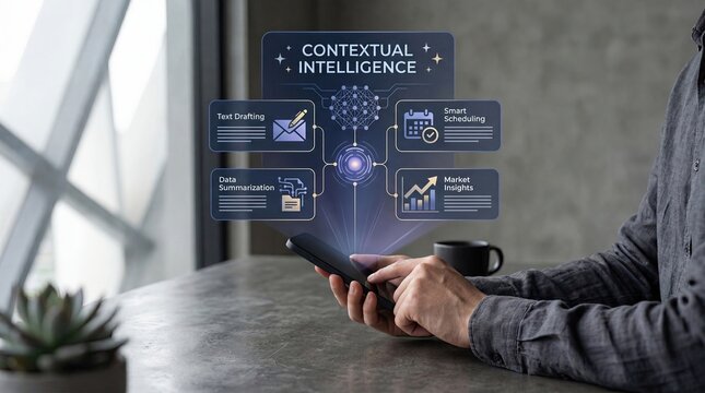 Person using smartphone with holographic interface displaying contextual intelligence features like text drafting, scheduling, and data summarization for enhanced productivity and