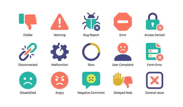 Error and complaint icons representing issues and user dissatisfaction