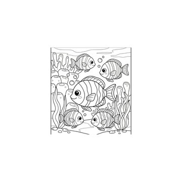 Outline drawing of fish swimming underwater with plants