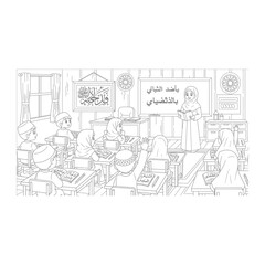 Obraz premium Classroom setting with teacher and students line art