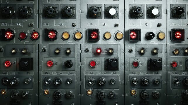 Gray industrial dashboard featuring numerous buttons, knobs, toggles, and illuminated red and yellow indicator lights across a complex metallic surface, signaling operational status