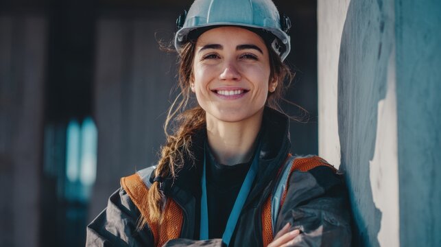 Female Construction Worker Smiling: A confident female construction worker, wearing a hard hat and safety vest, smiles warmly with her arms crossed at a building site.