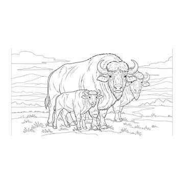 American bison grazing in the wild line art illustration
