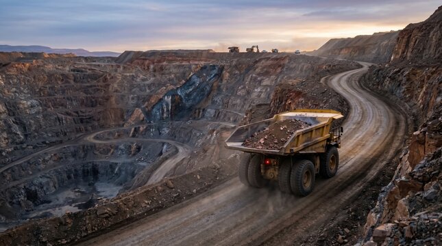 Massive haul truck carrying ore along a winding road in an open pit mine at sunrise. Heavy mining machinery working in a vast quarry excavation with dust and layered rock walls.