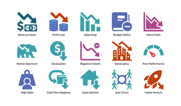 Business decline icons illustrating financial loss and market downturn
