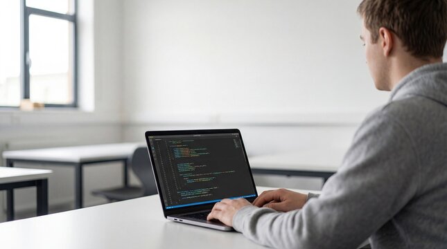Professional software developer writing computer code on laptop screen in modern office, programmer working on programming project, technology and coding concept for web