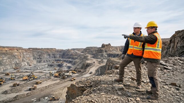 Professional mining engineers standing on rocky edge overlooking an open pit quarry with heavy machinery. Industrial site inspection and mineral extraction planning in a large surface mine.