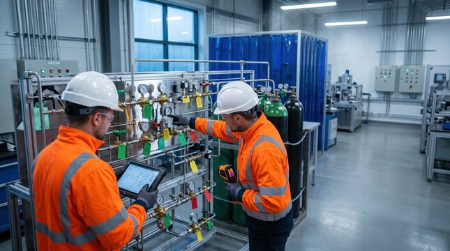 Professional technicians inspecting industrial gas control equipment in a modern factory. Maintenance specialists checking valves gauges and safety systems during plant operations.