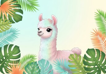 Fototapeta premium Adorable young llama illustration with tropical safari leaves for a soft nursery wall art poster. Gentle pastel colors and cute animal style, domestic, watercolor, fauna