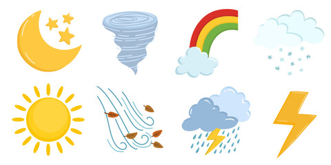 Naklejka premium Cute Weather Doodle Illustration Set with Sun Moon Rainbow Tornado Cloud Rain Lightning and Wind Elements