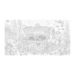 Obraz premium Mermaid with treasure chest underwater line art illustration