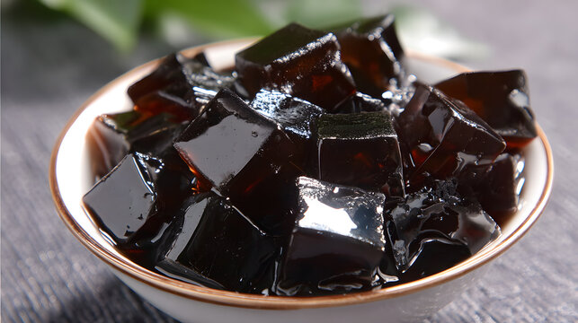 Refreshing cubes of grass jelly (Chao Kuay) served in a white ceramic bowl. A popular cooling herbal dessert from East Asia, featuring a glossy black texture and subtle sweetness