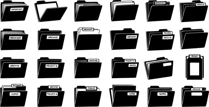 Black and White File Folder Icons Set with Important, Archive, Project, Notes Labels. Collection of Document Organization, Storage, and Data Management Symbols.