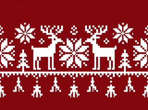 Decorative horizontal border with pixel-style Nordic deer and snowflake motifs in white on red background. Symmetrical folk pattern with hanging elements and festive winter character, ideal for textil