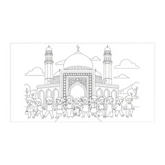 Fototapeta premium Line art illustration of an islamic mosque with people gathering in front