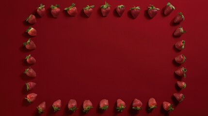 Obraz premium Strawberries Border Layout Red Background