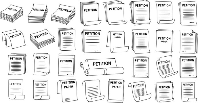 Hand-Drawn Petition Documents  Papers Sketch Set. Collection of various styled petition forms, stacks, scrolls, and single sheets, vector illustration.