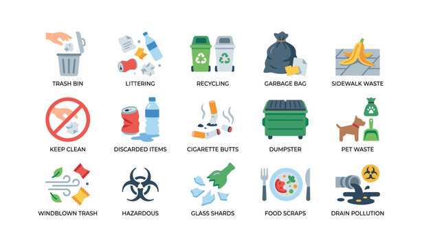 Litter and waste icons illustrating trash types and disposal symbols